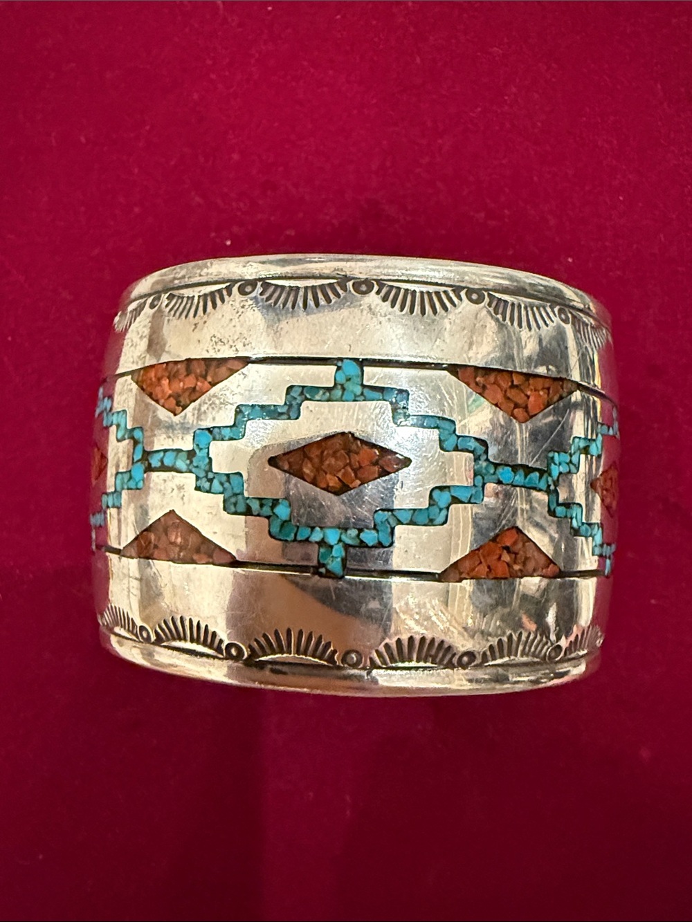 Tommy Singer Sterling Turquoise & Coral Inlay Cuff Bracelet - Turquoise/Coral
